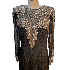 Niteline Vintage Sequin Beaded Black & Silver Cocktail Dress Size 6-8
